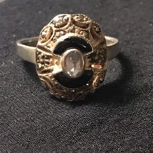 Sterling, Onyx, Marcasite & Topaz Ring